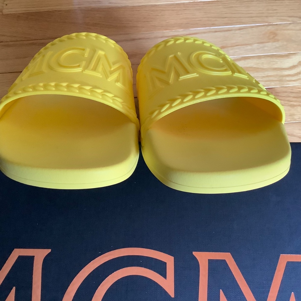 MCM Logo Slide Sandals Yellow SZ12 - Picture 4 of 16